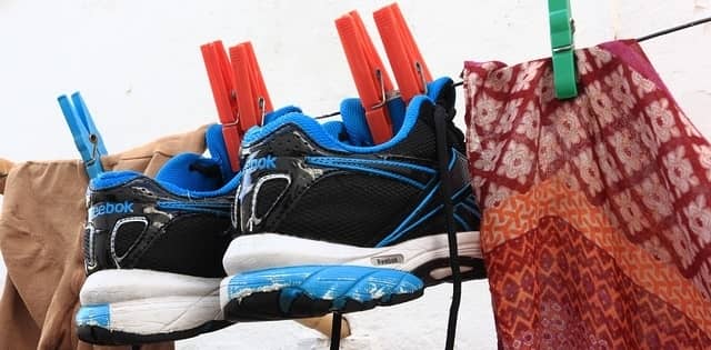 Drying shoes outside on a clothes line